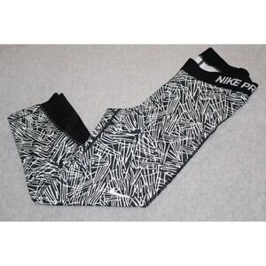 Nike Pro Leggings Women Medium Black White Scribble Print Capri Athletic Pants *